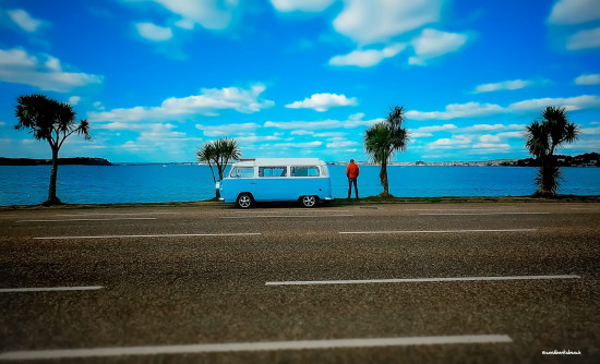 The van is blue, the view is too…